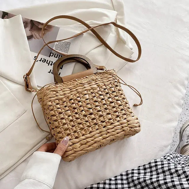JIOMAY Straw Bags Summer 2023 Women Tote Bags Designer Handbags PurseS Weave Drawstring Closure Wooden Handle Beach Shoulder Bag