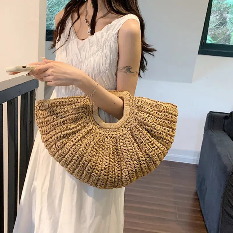 Ladies Moon Design Basket Shopper Bag Beach Straw Bag Summer Woven Travel Handbag For Women Luxury Large Capacity Shoulder Bags