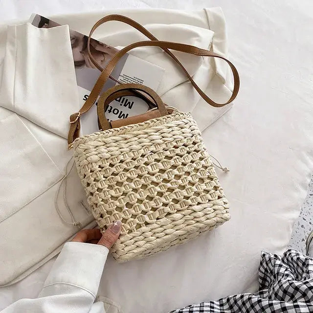 JIOMAY Straw Bags Summer 2023 Women Tote Bags Designer Handbags PurseS Weave Drawstring Closure Wooden Handle Beach Shoulder Bag