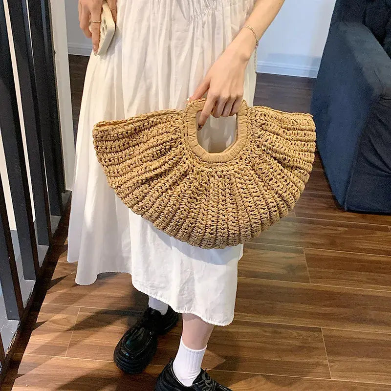 Ladies Moon Design Basket Shopper Bag Beach Straw Bag Summer Woven Travel Handbag For Women Luxury Large Capacity Shoulder Bags