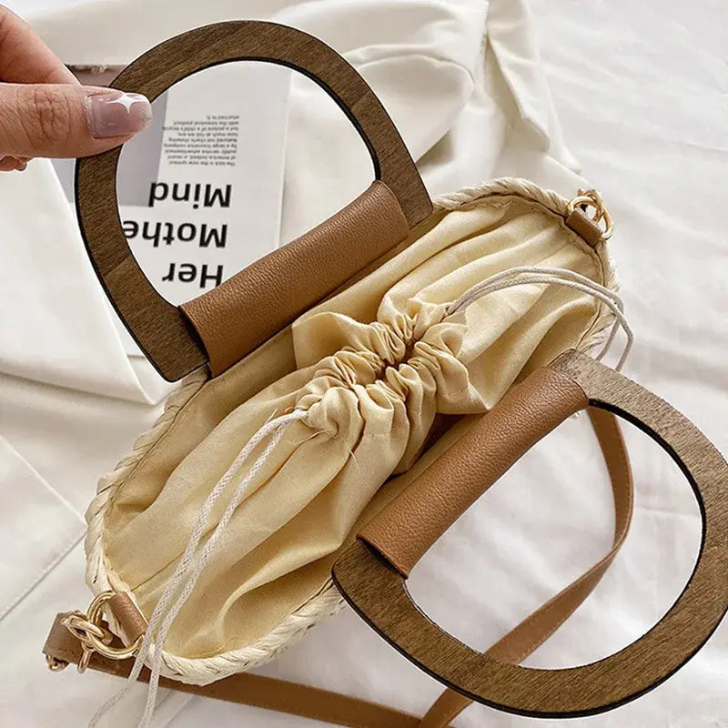 JIOMAY Straw Bags Summer 2023 Women Tote Bags Designer Handbags PurseS Weave Drawstring Closure Wooden Handle Beach Shoulder Bag