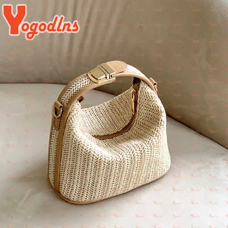 Yogodlns Summer Small Straw Handbag Trendy Shoulder Bag Woven Bucket Crossbody Bag Casual Seaside Beach Bag Gilrs Handle Tote