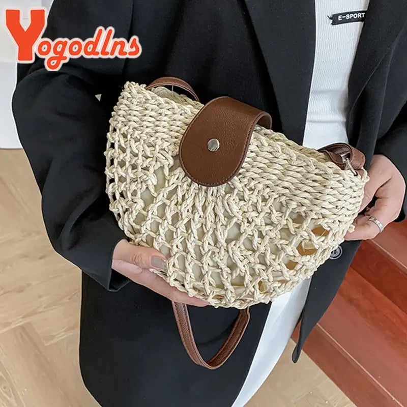 Yogodlns Summer Straw Bag For Women Fashion Semicircle Crossbody Bags Rattan Handmade Messenger Handbag Travel Beach Bags Tote