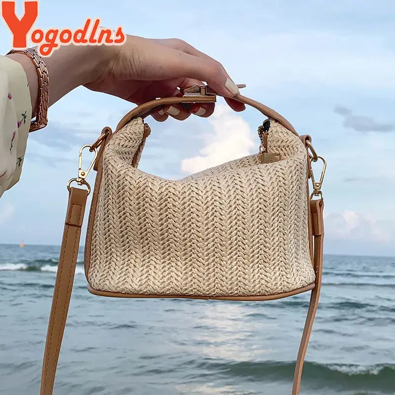 Yogodlns Summer Small Straw Handbag Trendy Shoulder Bag Woven Bucket Crossbody Bag Casual Seaside Beach Bag Gilrs Handle Tote