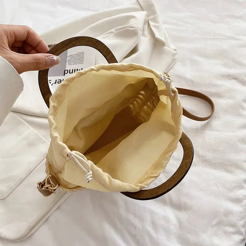 JIOMAY Straw Bags Summer 2023 Women Tote Bags Designer Handbags PurseS Weave Drawstring Closure Wooden Handle Beach Shoulder Bag