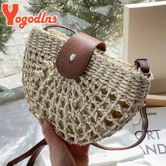 Yogodlns Summer Straw Bag For Women Fashion Semicircle Crossbody Bags Rattan Handmade Messenger Handbag Travel Beach Bags Tote